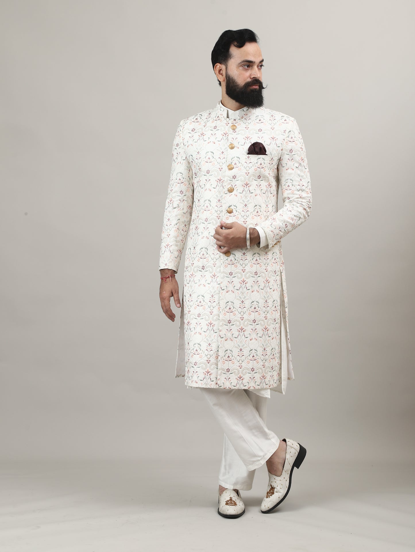 Cream Royal Embroidered Sherwani for Wedding & Groom Wear