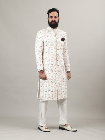 Cream Royal Embroidered Sherwani for Wedding & Groom Wear