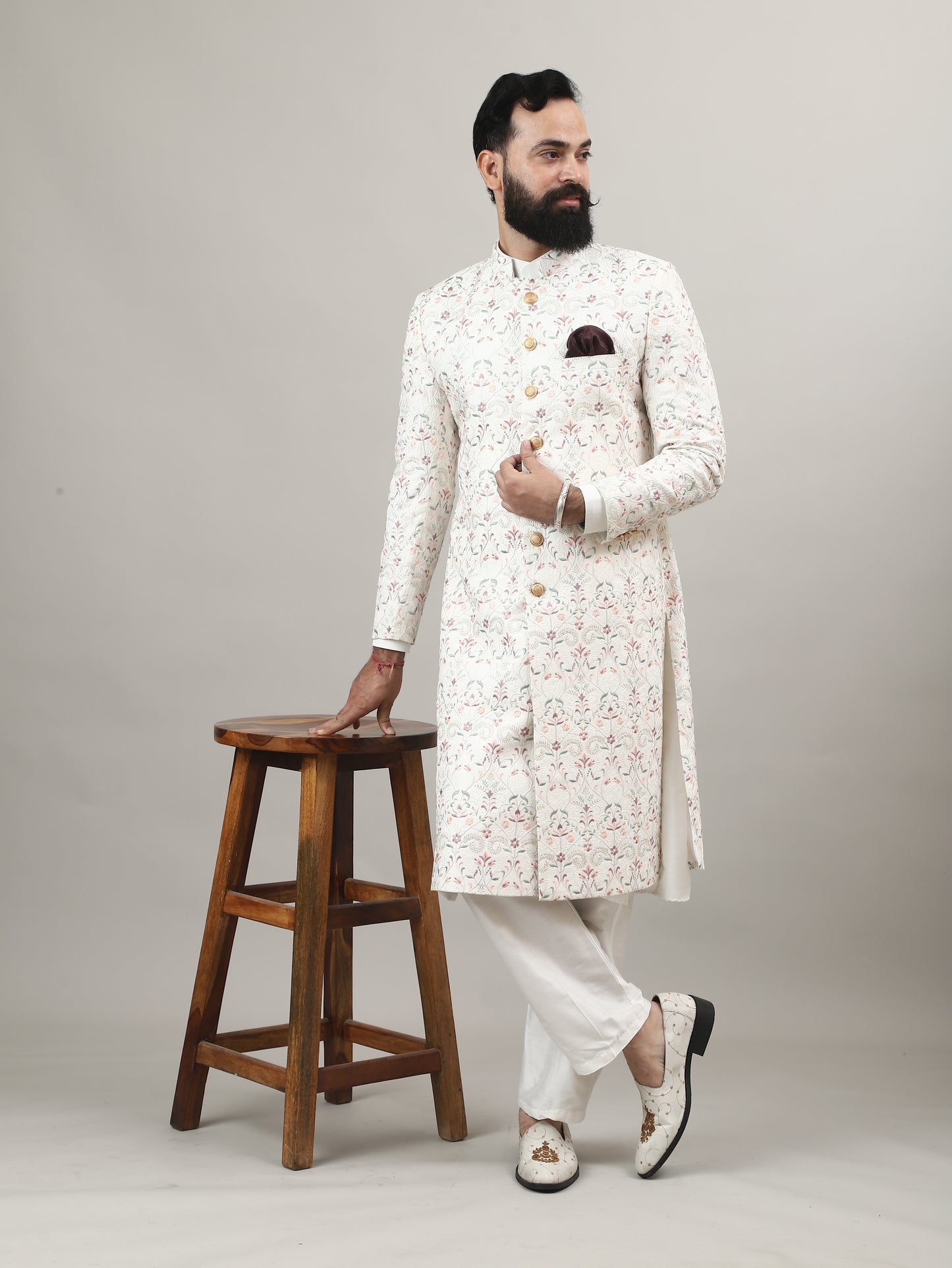Cream Royal Embroidered Sherwani for Wedding & Groom Wear