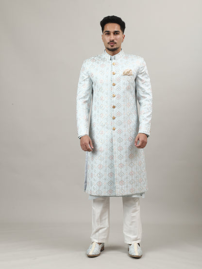 Maharaja Pastel Blue (Ice Blue) Embroidered Sherwani – Premium Wedding & Groom Wear