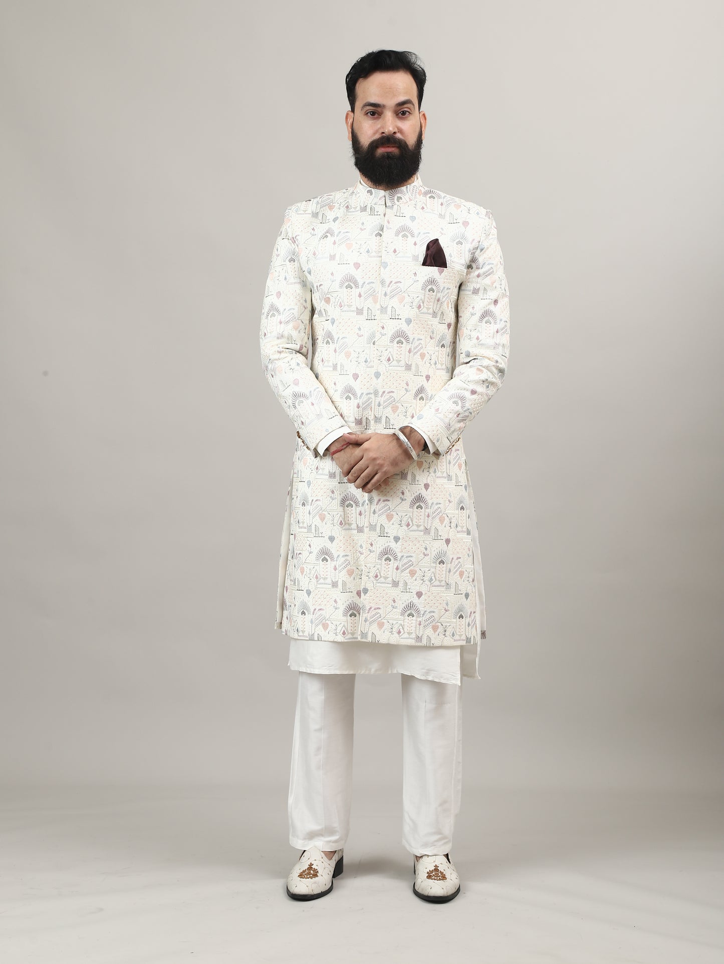 Pearl White Heritage-Inspired Sherwani with Traditional Indian Motif