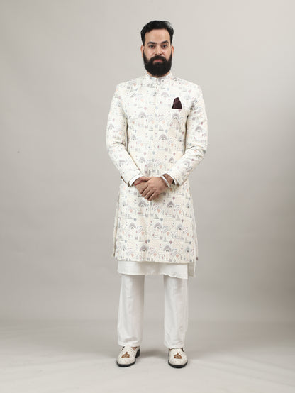Pearl White Heritage-Inspired Sherwani with Traditional Indian Motif