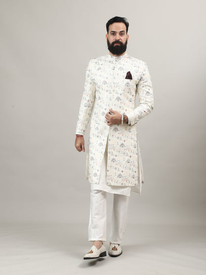 Pearl White Heritage-Inspired Sherwani with Traditional Indian Motif