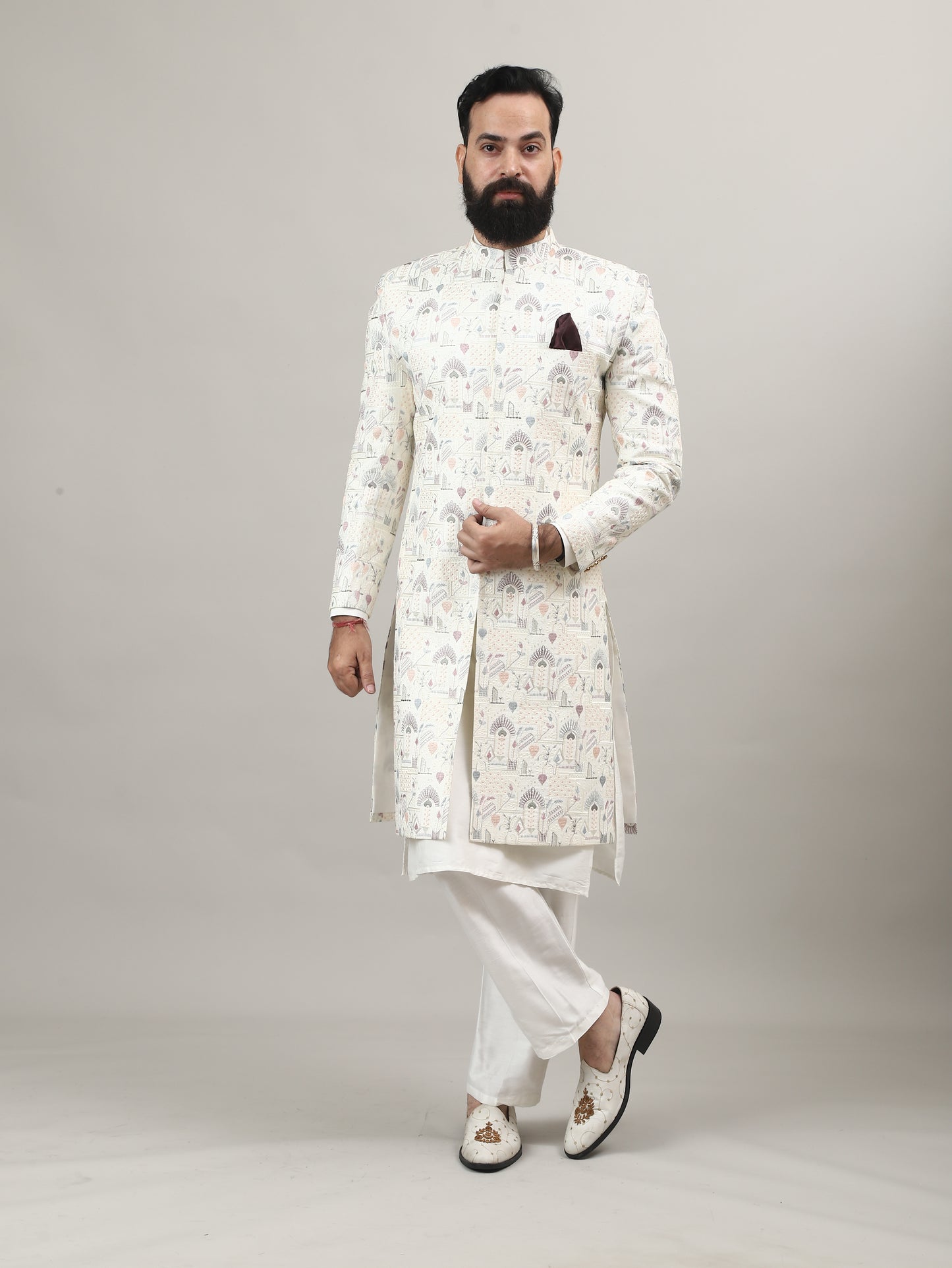 Pearl White Heritage-Inspired Sherwani with Traditional Indian Motif