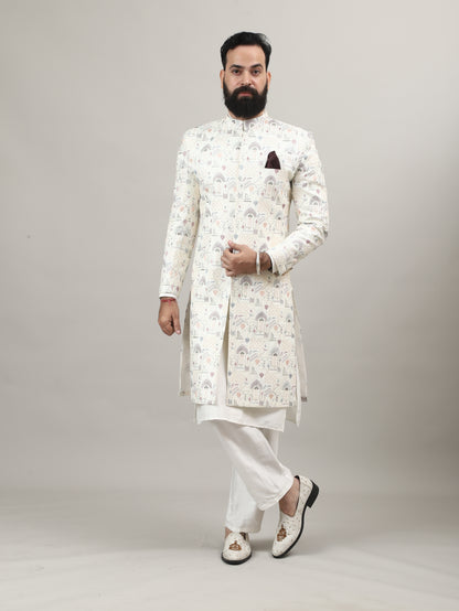 Pearl White Heritage-Inspired Sherwani with Traditional Indian Motif