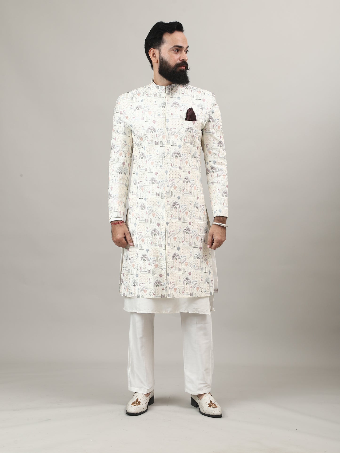Pearl White Heritage-Inspired Sherwani with Traditional Indian Motif