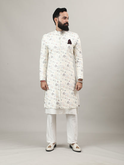 Pearl White Heritage-Inspired Sherwani with Traditional Indian Motif