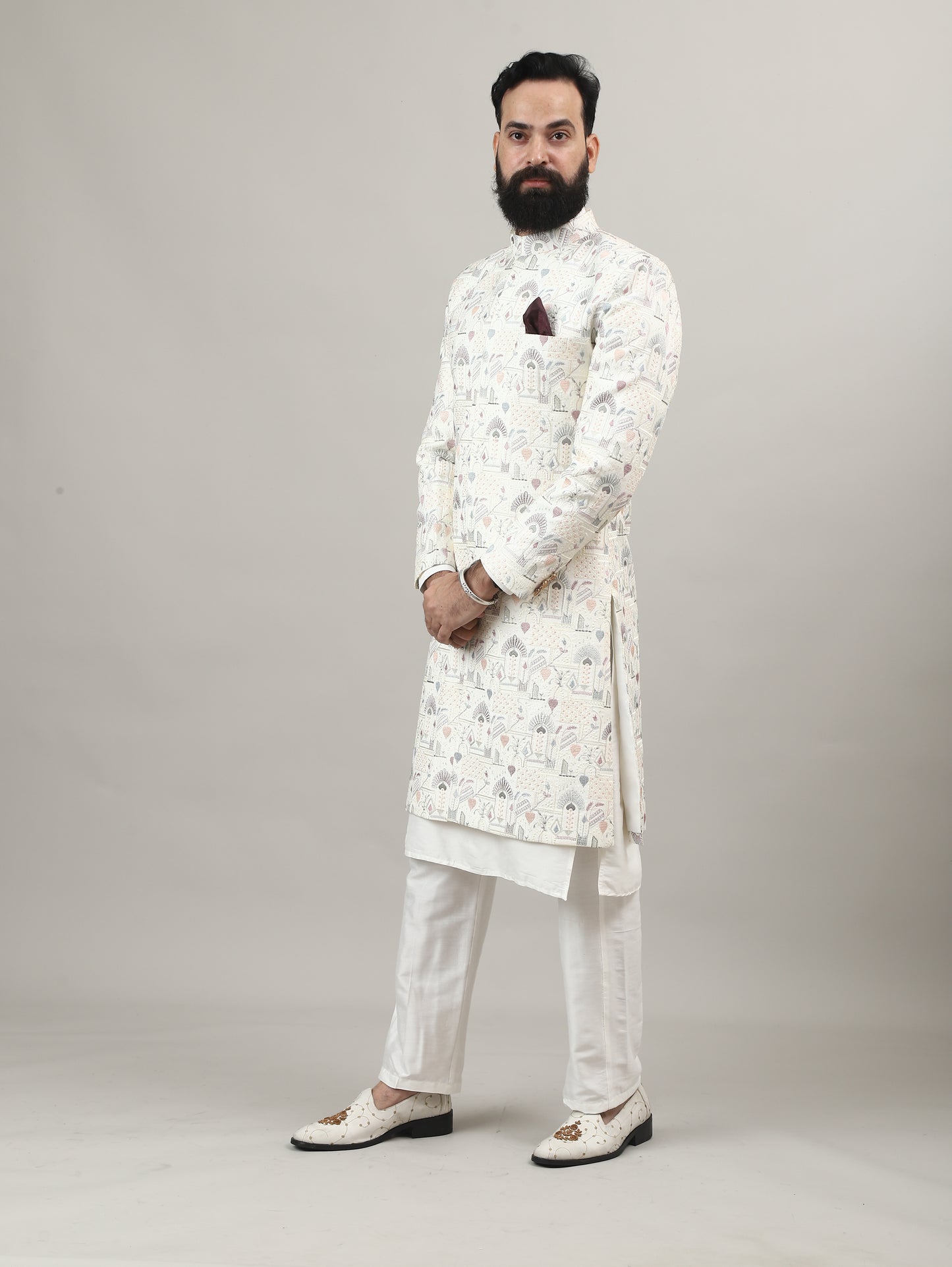 Pearl White Heritage-Inspired Sherwani with Traditional Indian Motif