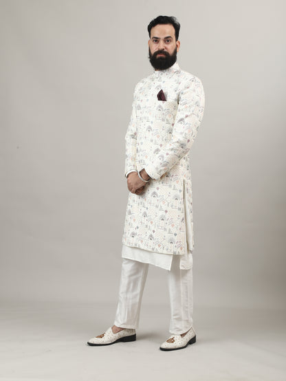 Pearl White Heritage-Inspired Sherwani with Traditional Indian Motif