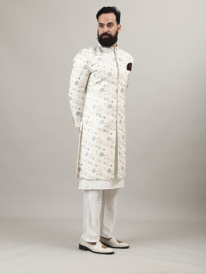 Pearl White Heritage-Inspired Sherwani with Traditional Indian Motif