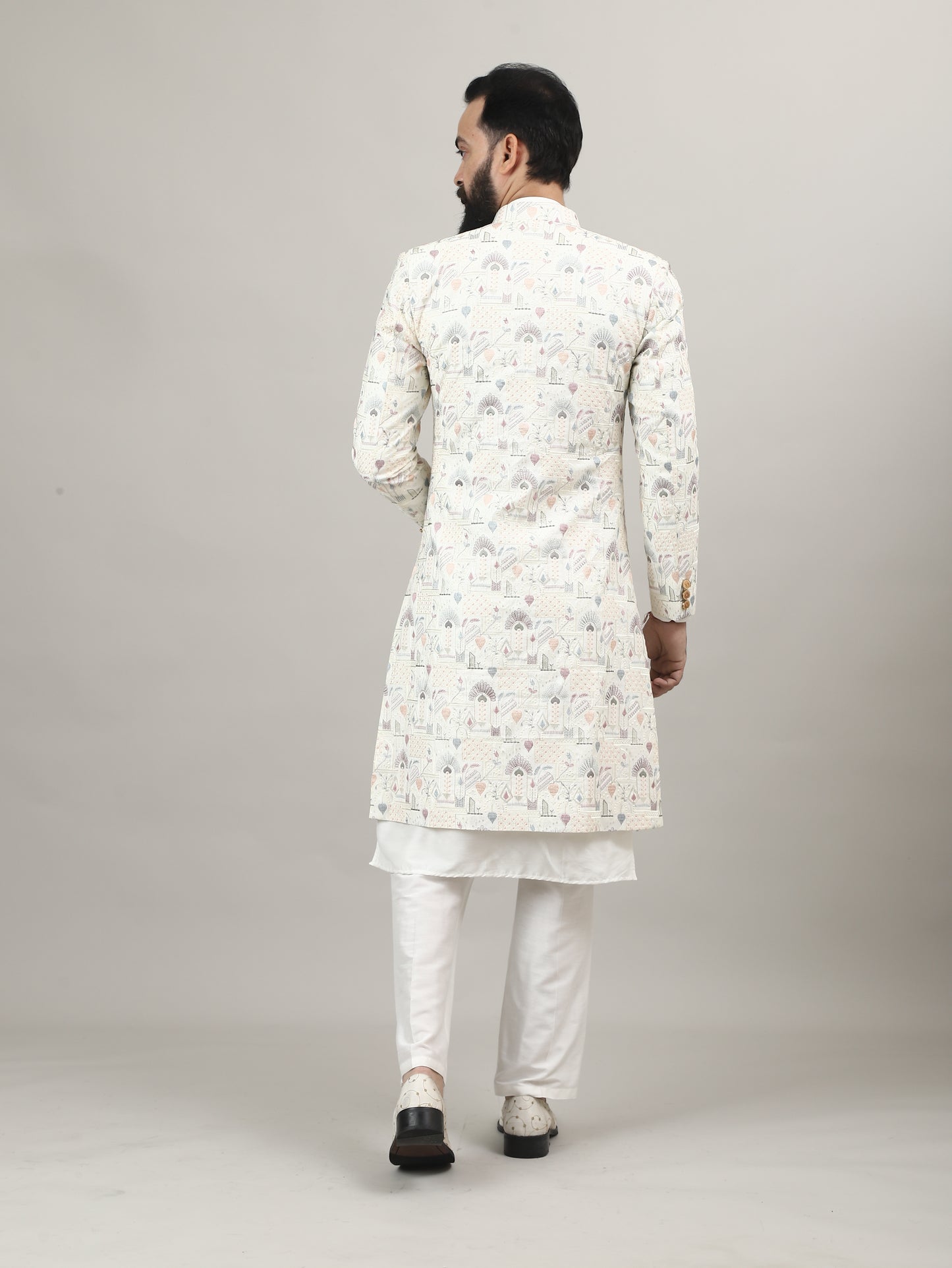 Pearl White Heritage-Inspired Sherwani with Traditional Indian Motif