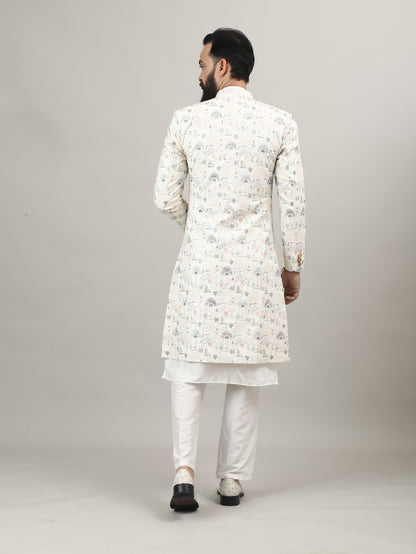 Pearl White Heritage-Inspired Sherwani with Traditional Indian Motif