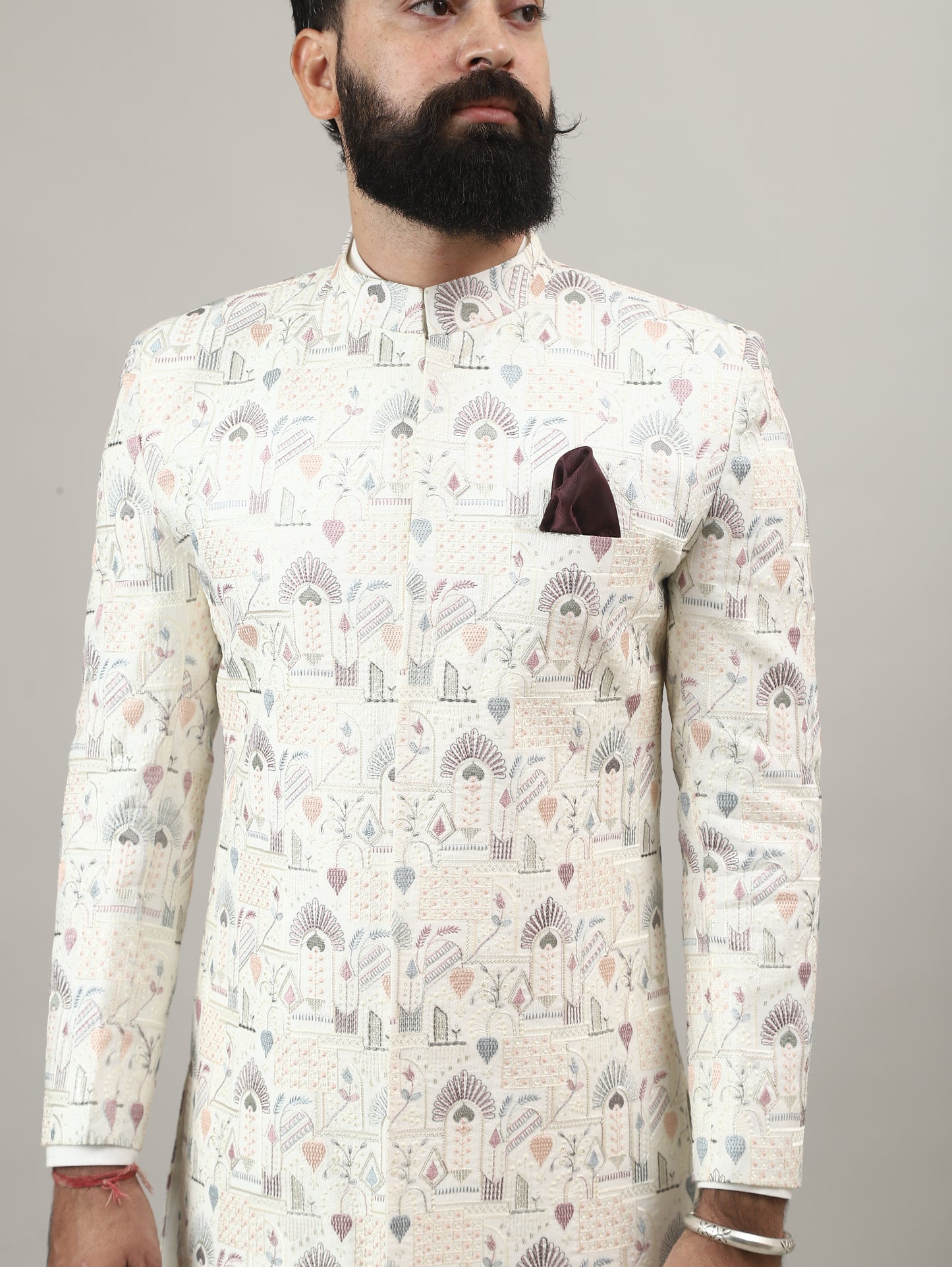 Pearl White Heritage-Inspired Sherwani with Traditional Indian Motif