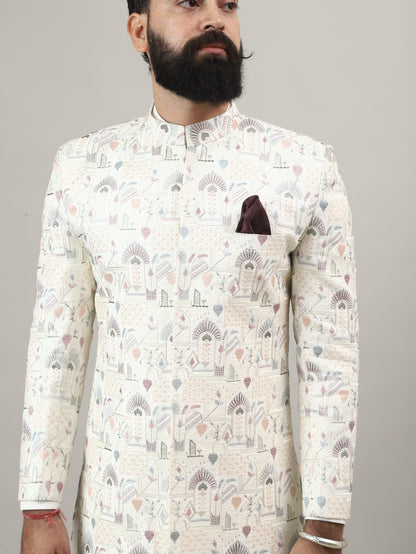 Pearl White Heritage-Inspired Sherwani with Traditional Indian Motif