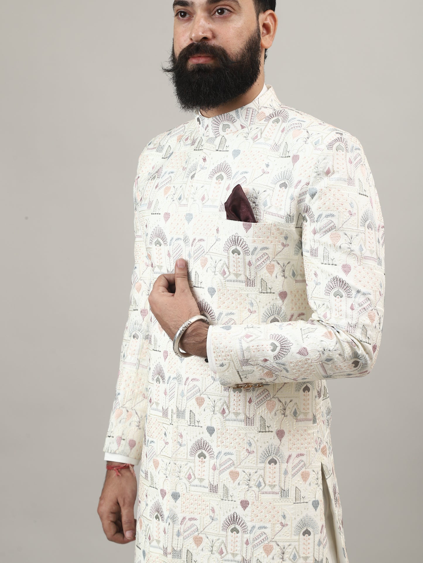 Pearl White Heritage-Inspired Sherwani with Traditional Indian Motif