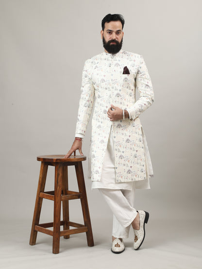 Pearl White Heritage-Inspired Sherwani with Traditional Indian Motif