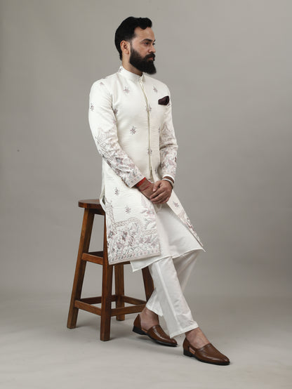 Off White Embroidered Sherwani with Heritage Motif Detailing