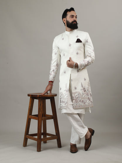 Off White Embroidered Sherwani with Heritage Motif Detailing