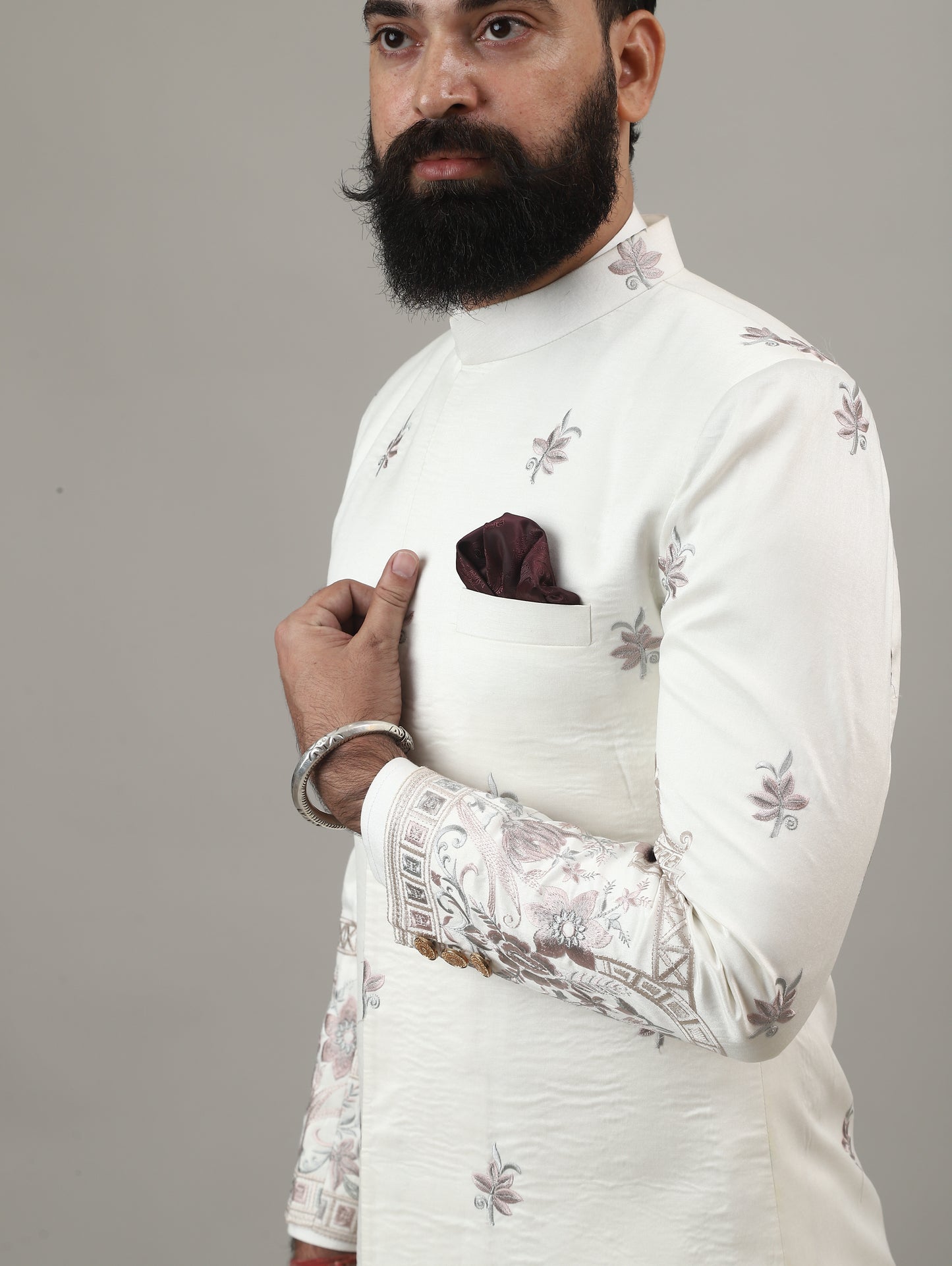 Off White Embroidered Sherwani with Heritage Motif Detailing