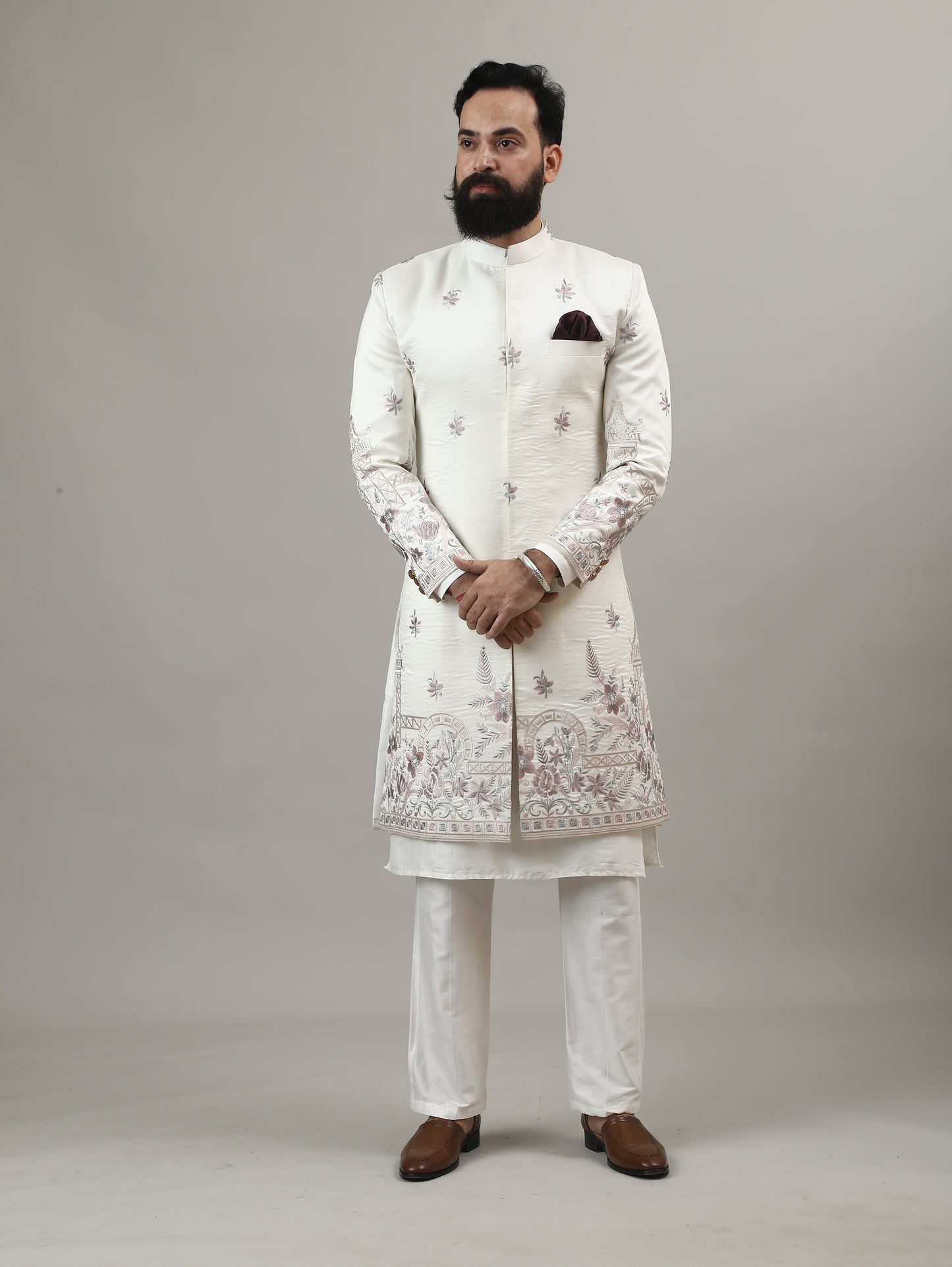 Off White Embroidered Sherwani with Heritage Motif Detailing