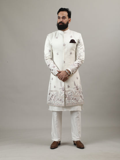 Off White Embroidered Sherwani with Heritage Motif Detailing