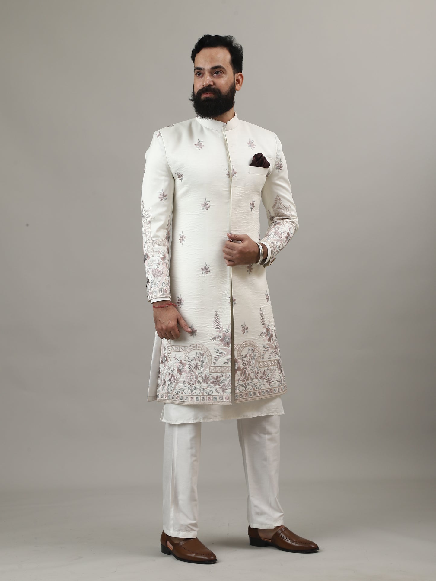 Off White Embroidered Sherwani with Heritage Motif Detailing
