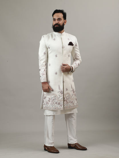 Off White Embroidered Sherwani with Heritage Motif Detailing