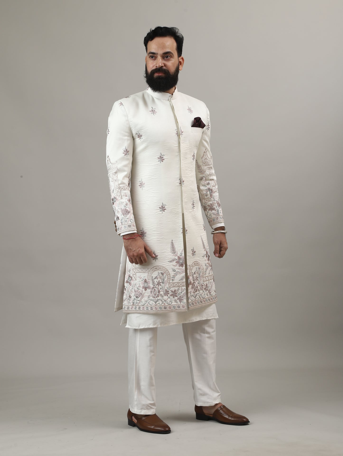 Off White Embroidered Sherwani with Heritage Motif Detailing