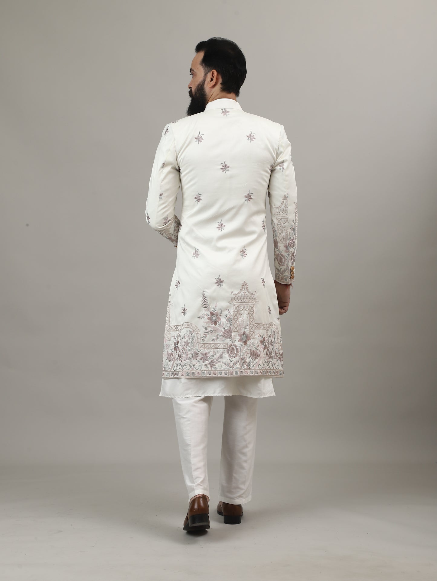Off White Embroidered Sherwani with Heritage Motif Detailing