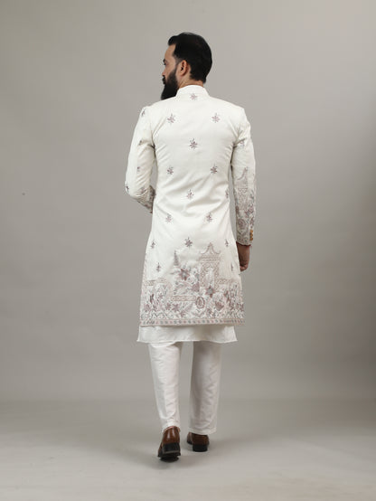 Off White Embroidered Sherwani with Heritage Motif Detailing