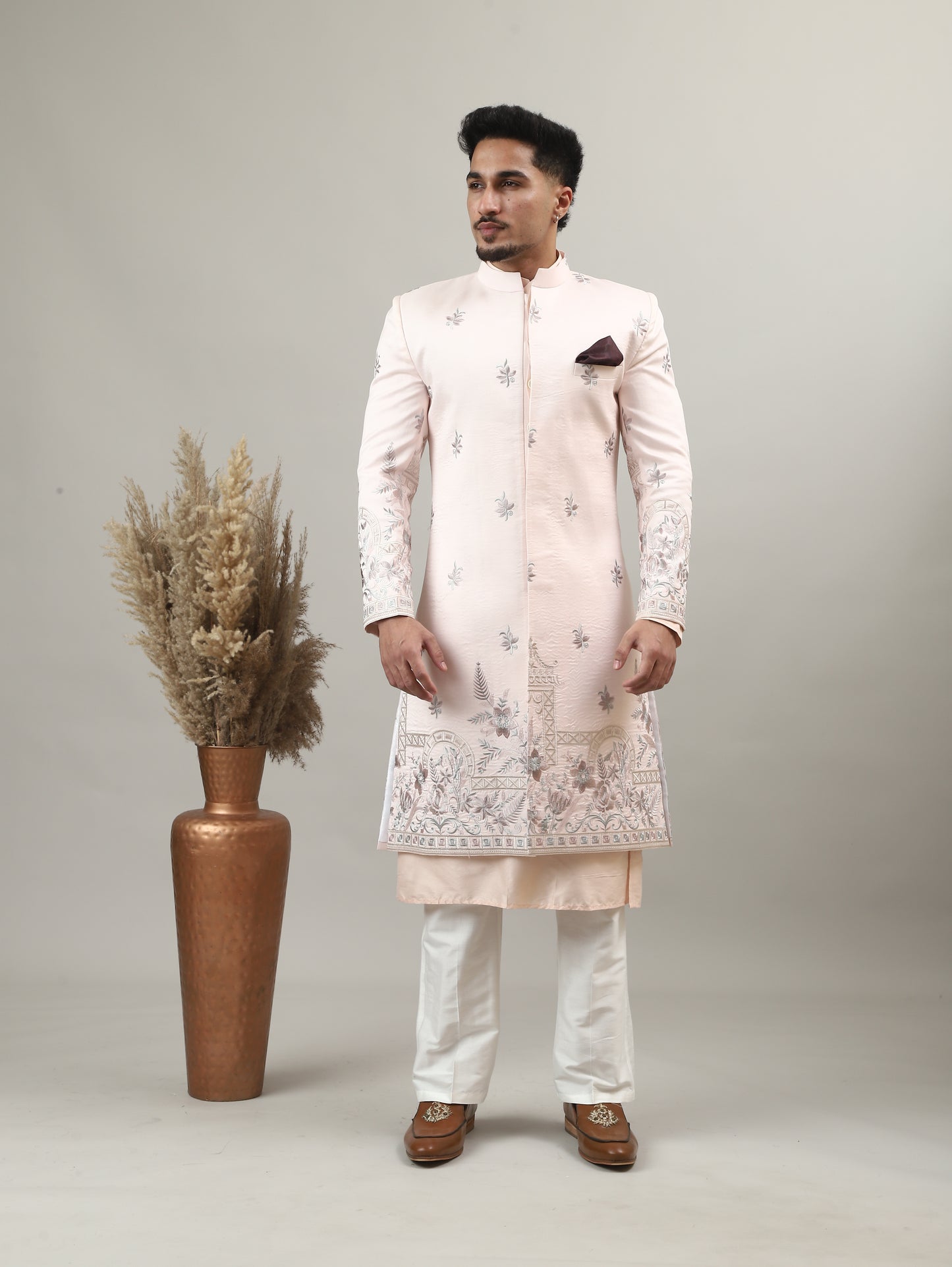 Soft Peach Embroidered Sherwani with Heritage Motif Detailing