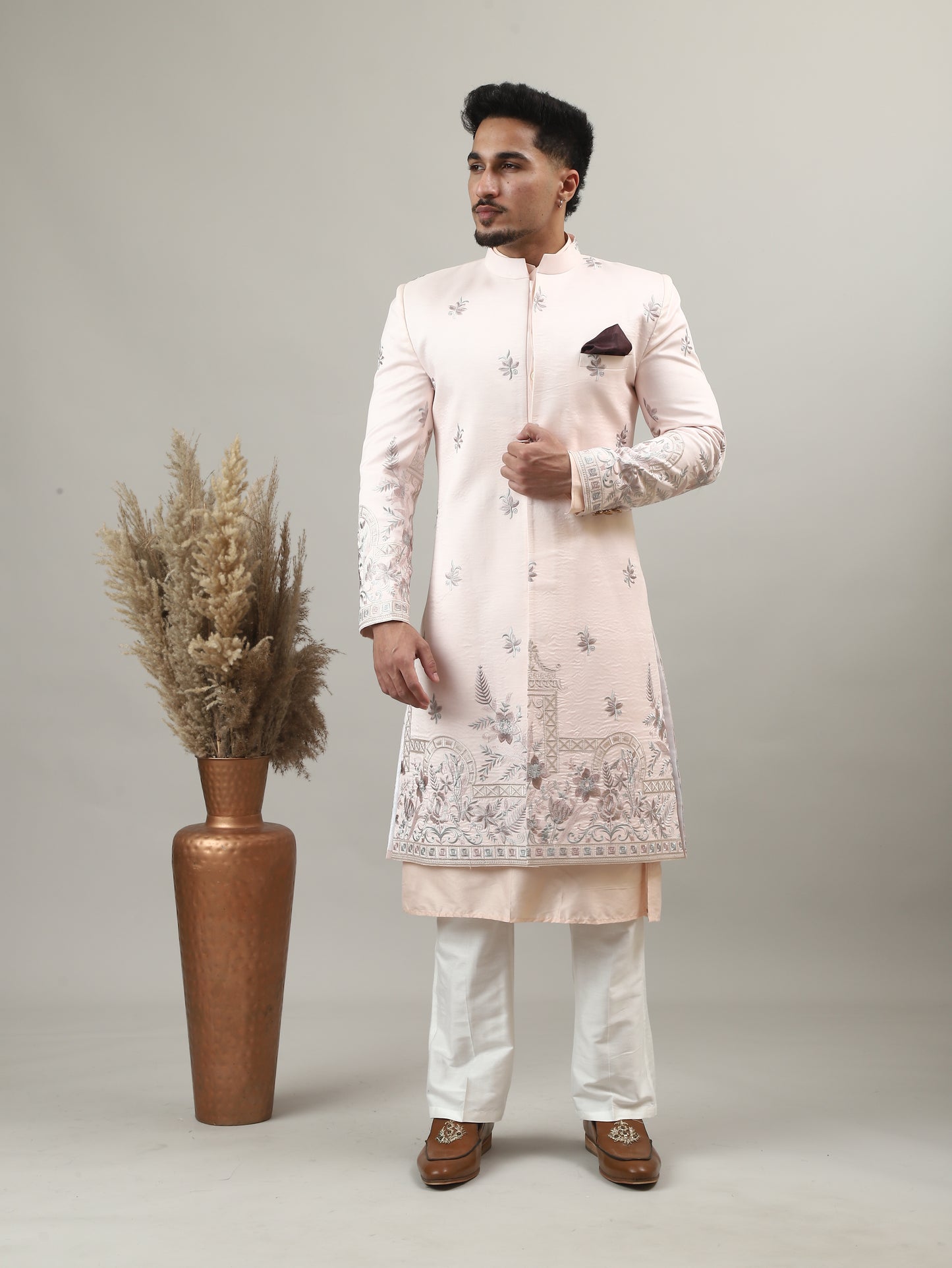 Soft Peach Embroidered Sherwani with Heritage Motif Detailing