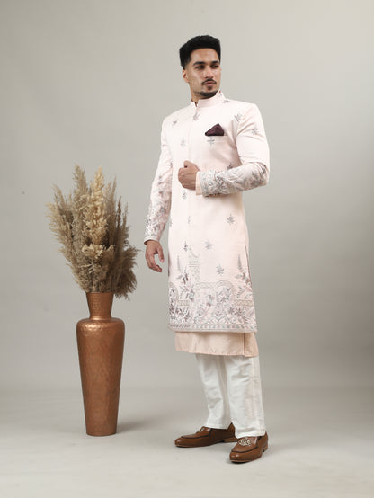 Soft Peach Embroidered Sherwani with Heritage Motif Detailing