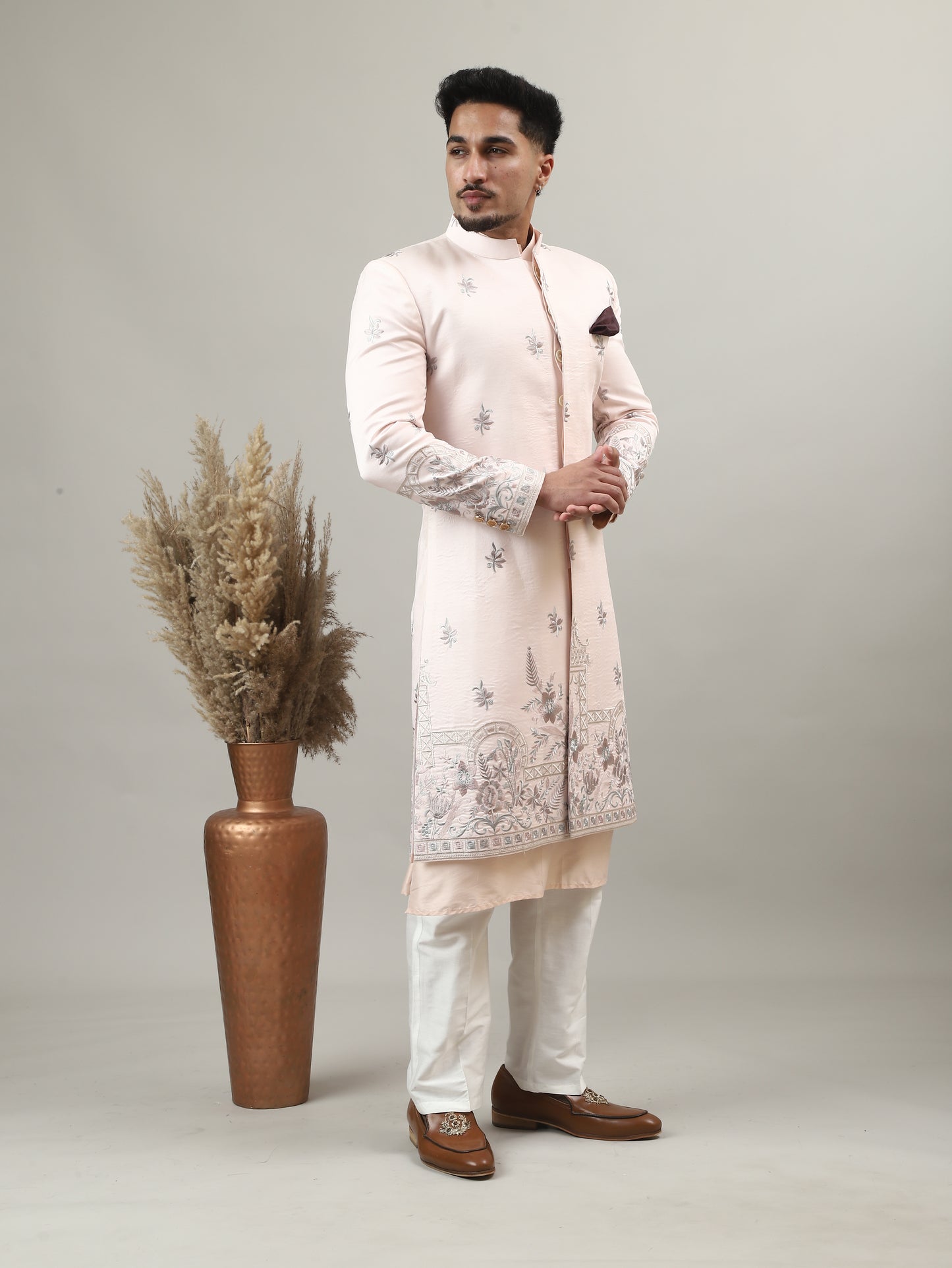 Soft Peach Embroidered Sherwani with Heritage Motif Detailing