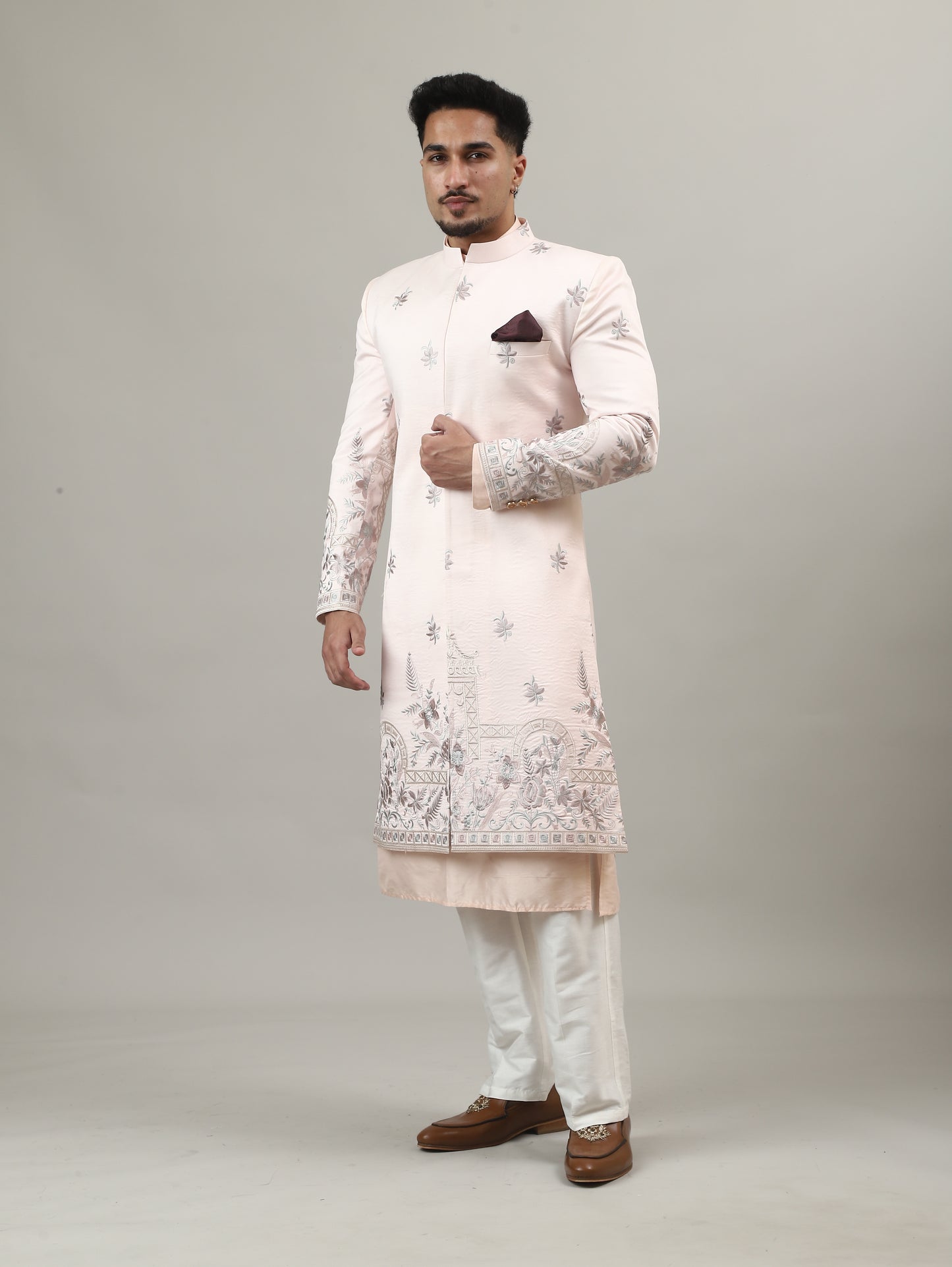 Soft Peach Embroidered Sherwani with Heritage Motif Detailing