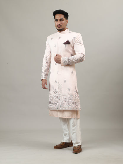 Soft Peach Embroidered Sherwani with Heritage Motif Detailing