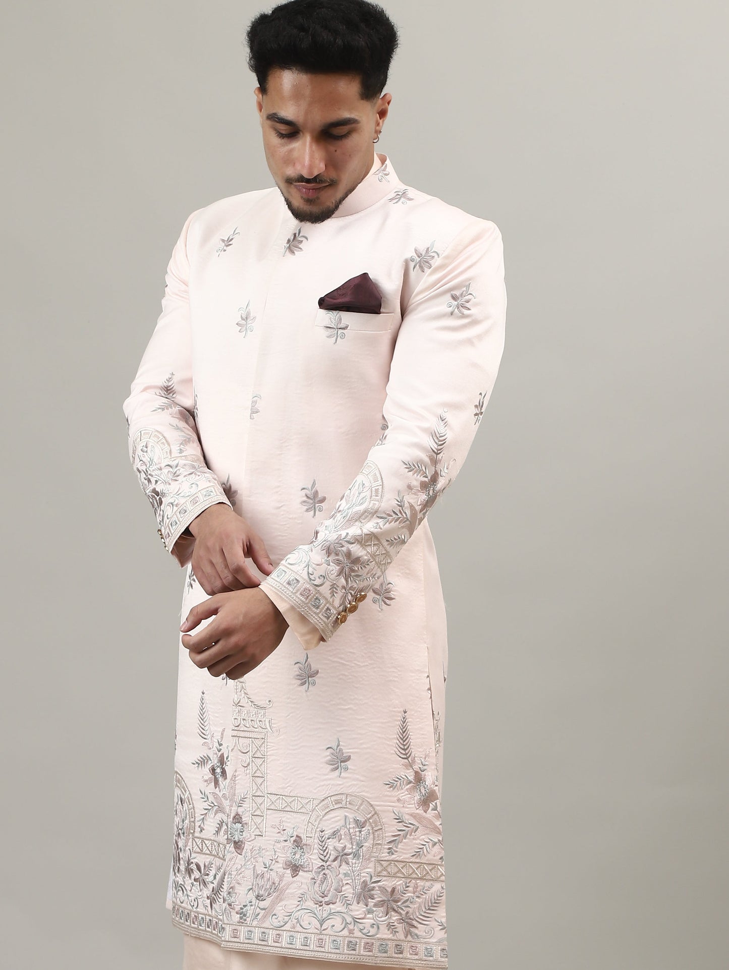 Soft Peach Embroidered Sherwani with Heritage Motif Detailing