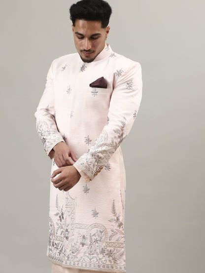 Soft Peach Embroidered Sherwani with Heritage Motif Detailing