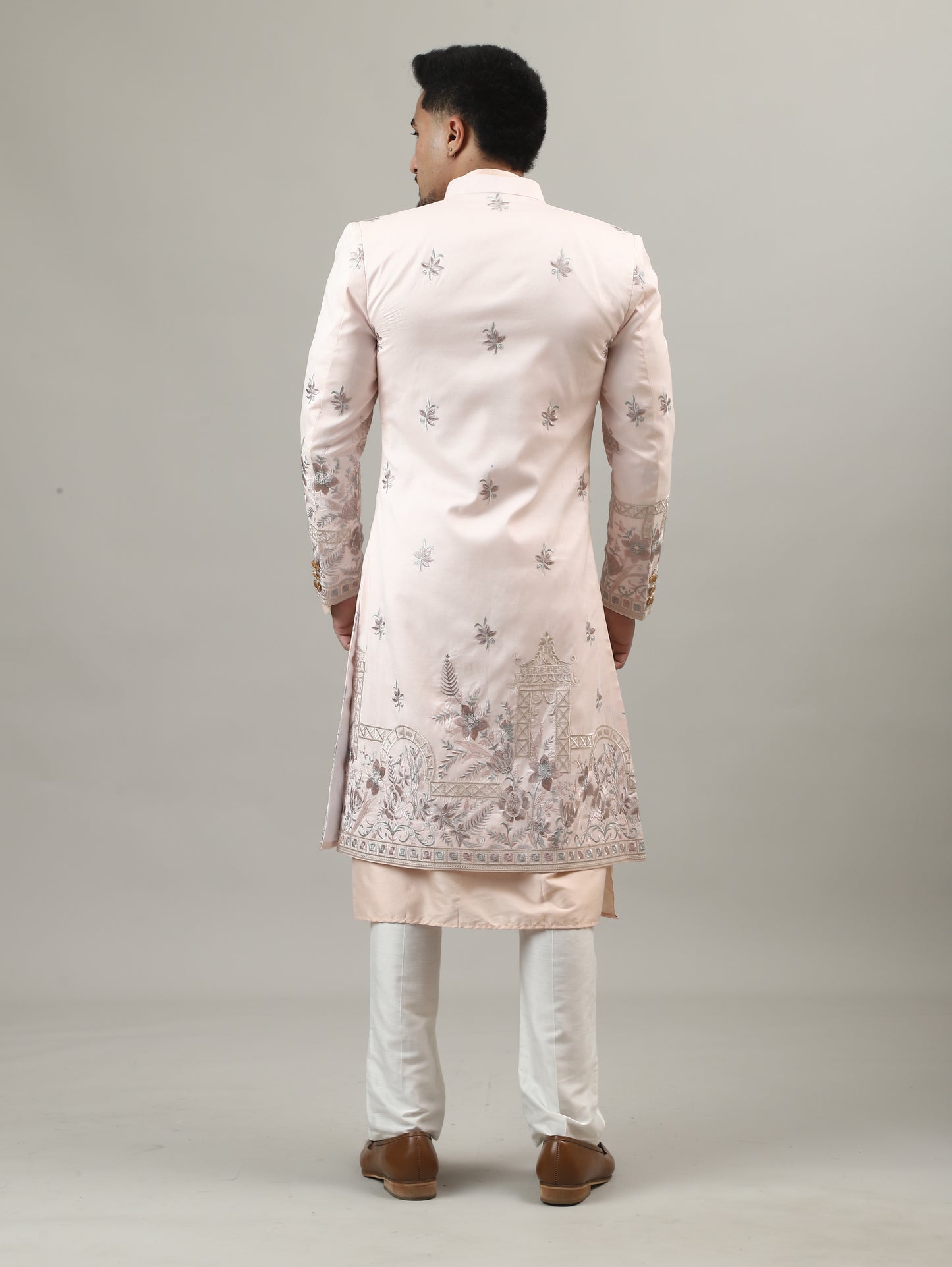 Soft Peach Embroidered Sherwani with Heritage Motif Detailing