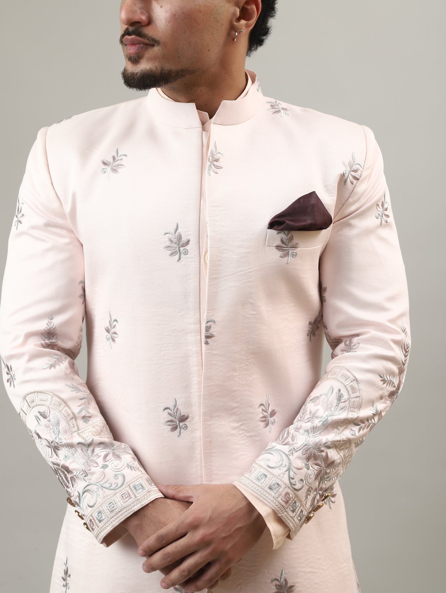 Soft Peach Embroidered Sherwani with Heritage Motif Detailing