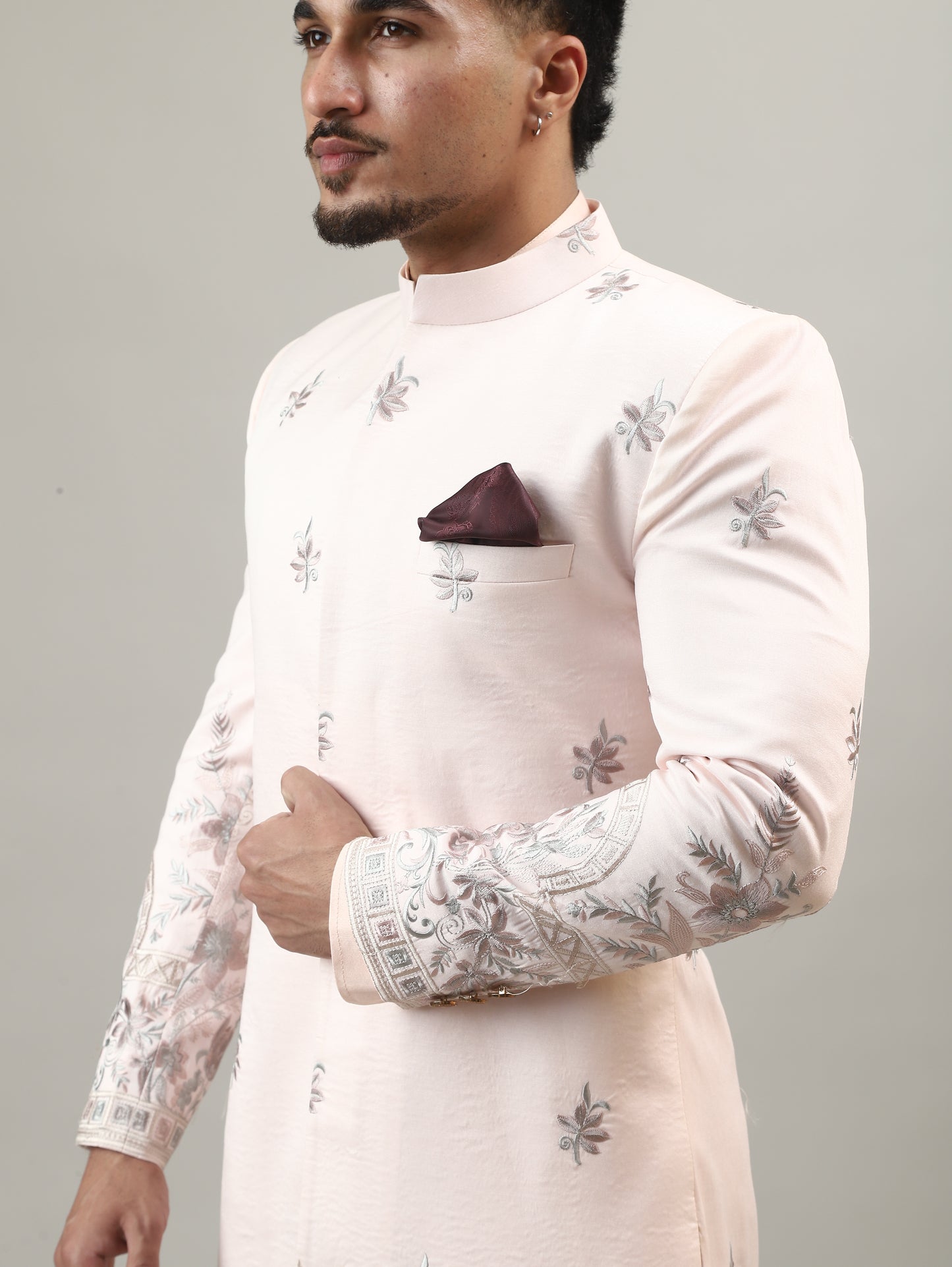 Soft Peach Embroidered Sherwani with Heritage Motif Detailing