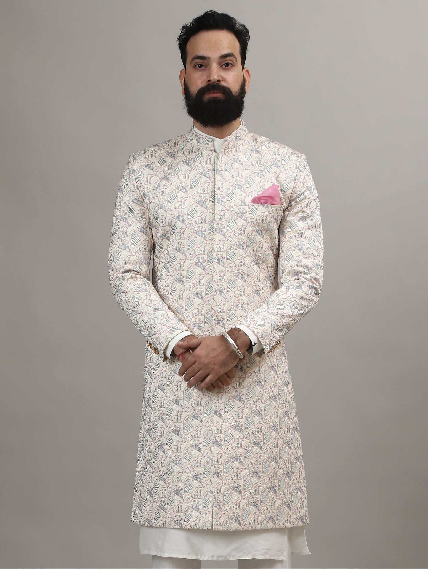 Rajwada Pearl White Sherwani with Heritage Motif Embellishment