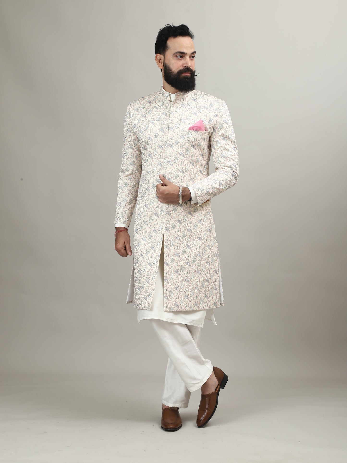 Rajwada Pearl White Sherwani with Heritage Motif Embellishment