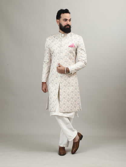 Rajwada Pearl White Sherwani with Heritage Motif Embellishment