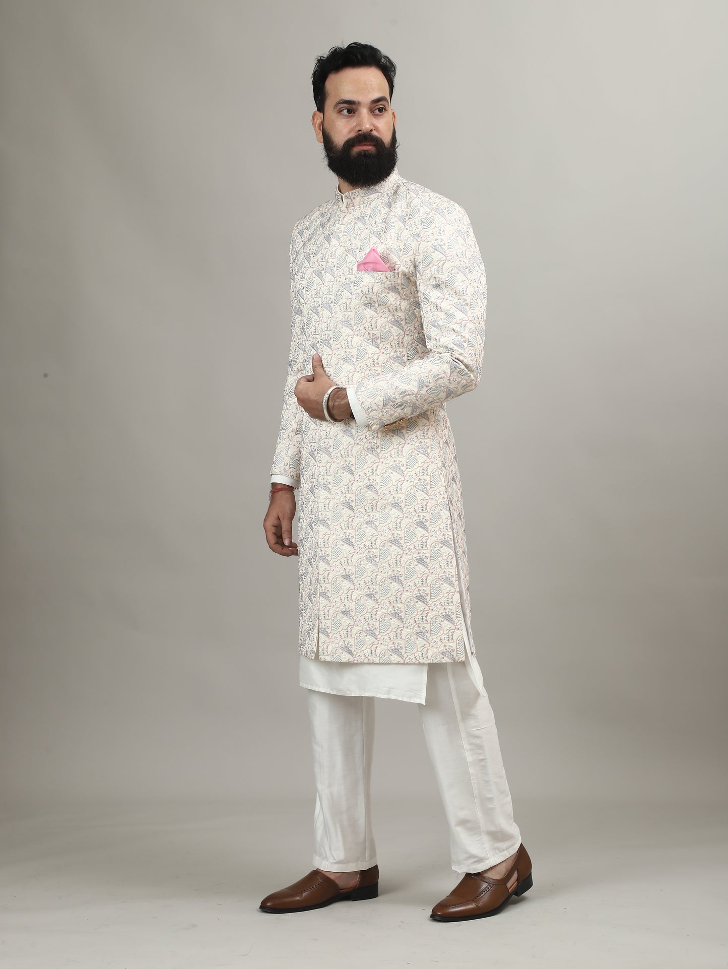 Rajwada Pearl White Sherwani with Heritage Motif Embellishment