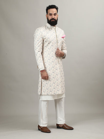 Rajwada Pearl White Sherwani with Heritage Motif Embellishment