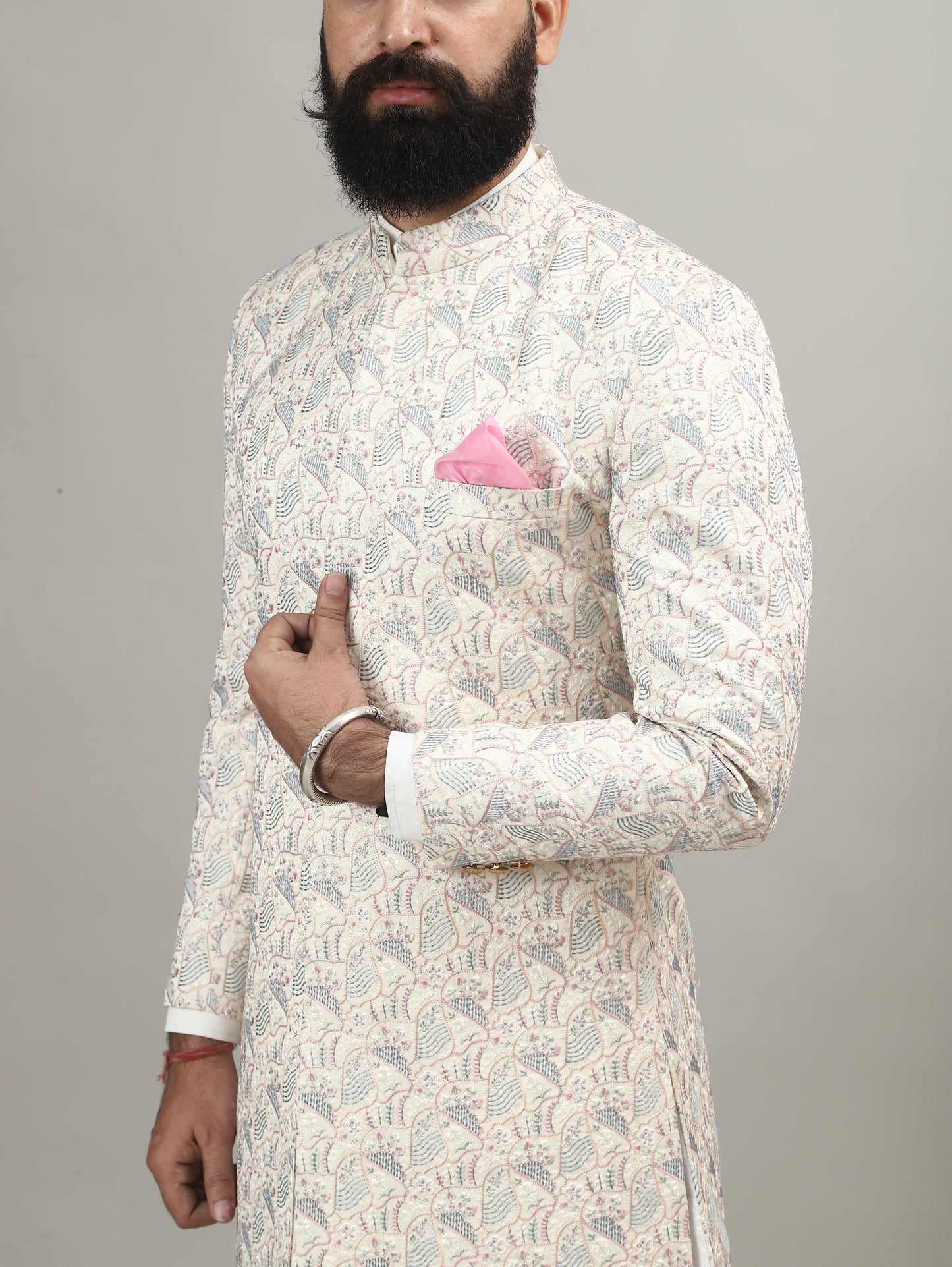 Rajwada Pearl White Sherwani with Heritage Motif Embellishment