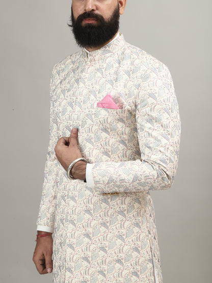 Rajwada Pearl White Sherwani with Heritage Motif Embellishment