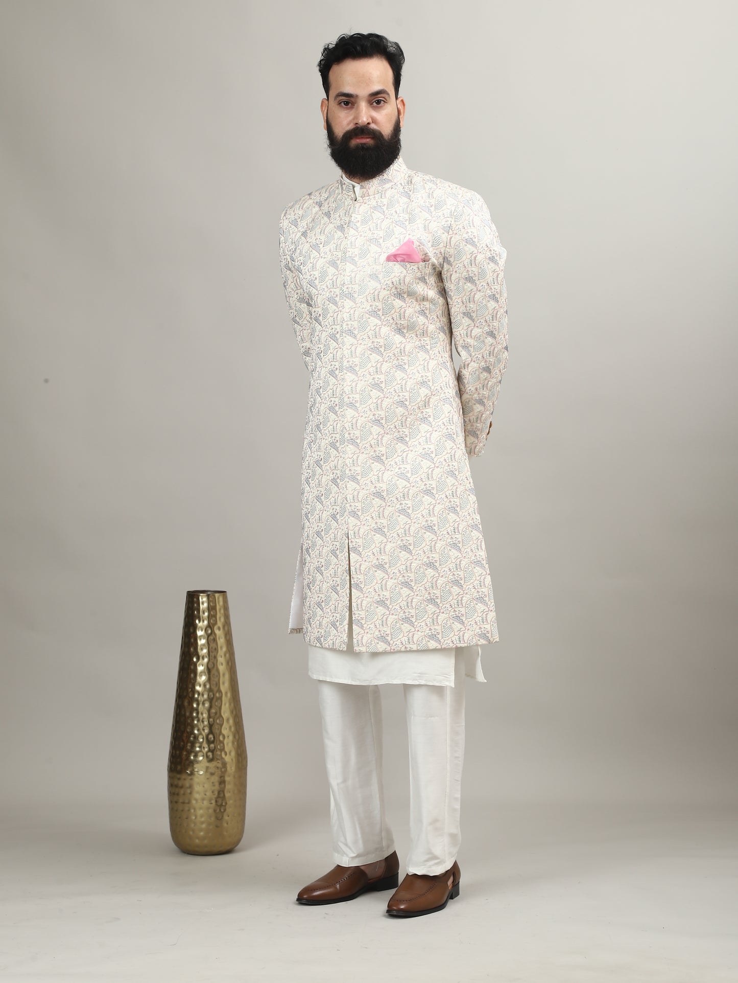 Rajwada Pearl White Sherwani with Heritage Motif Embellishment