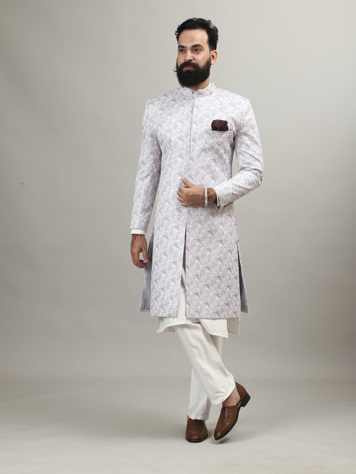 Light Blue Pastel Achkan with Handcrafted Heritage Detailing